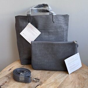 Thirty-One Window Shopper Tote Bag + Zip Pouch Gray Crocodile Embossed New